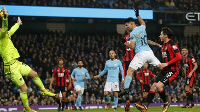 Sergio Aguero scores his second and Manchester City's third goal in the 4-0 win over Bournemouth at the Etihad Stadium on Saturday. Andrew Yates / Reuters