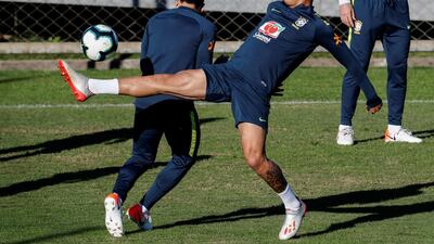 Gabriel Jesus attempts to control a ball during Brazil's training session. EPA