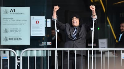 Al Noor Mosque shooting survivor Taj Mohammad Kamra celebrates as he leaves Christchurch High Court following the sentencing of Brenton Tarrant in Christchurch, New Zealand. Getty Images