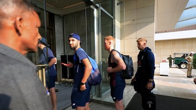 Joe Root, vice-captain Ben Stokes and Saqib Mahmood arrive at the hotel. Reuters
