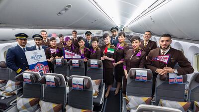 Four pilots and 12 cabin crew were onboard the launch flight from Abu Dhabi to Logan International Airport. Photo: Etihad Airways