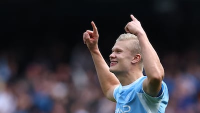 Manchester City's Erling Haaland celebrates scoring his fifth goal in five Premier League games this season. Reuters