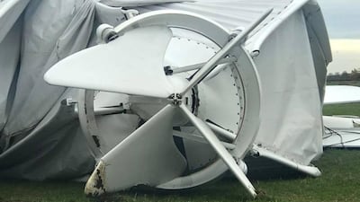 Part of the collapsed airship Airlander 10 is seen in Bedfordshire, Britain. Rob Fletcher / via Reuters