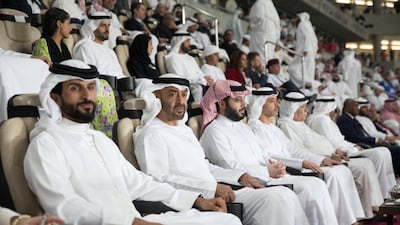 Sheikh Mohamed pictured with Sheikh Nasser bin Hamad bin Isa Al Khalifa, chairman of the Board of Trustees of the Royal Charity Organisation of Bahrain, left, and Turki bin Abdul Mohsen Al Sheikh, chairman of the General Entertainment Authority of Saudi Arabia, right. Mohammed Al Bloushi for Ministry of Presidential Affairs