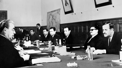 Hafez el-Assad (R) meets General Secretary of the Communist Party Central Committee, Leonid Brezhnev in Moscow, February 1971. AFP