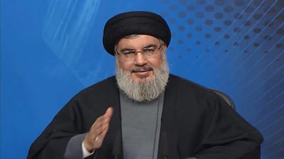 An image grab taken from Hezbollah's al-Manar TV shows Hassan Nasrallah giving a televised address from an undisclosed location in Lebanon. (AFP)