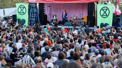 Climate change activist Greta Thunberg addresses crowds during the Extinction Rebellion group's environmental protest camp at Marble Arch in London in May. AFP