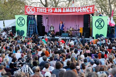 Climate change activist Greta Thunberg addresses crowds during the Extinction Rebellion group's environmental protest camp at Marble Arch in London in May. AFP