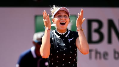 Amanda Anisimova celebrates victory after beating Simona Halep at the 2019 French Open. Getty Images