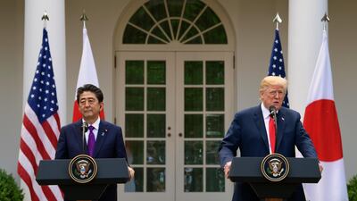 President Donald Trump and Japanese Prime Minister Shinzo Abe speak during a news conference in the Rose Garden of the White House in Washington, Thursday, June 7, 2018.