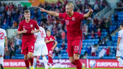 Erling Braut Haaland of Norway reacts after scoring against Gibraltar at Ullevaal Stadium in Oslo, Norway. EPA