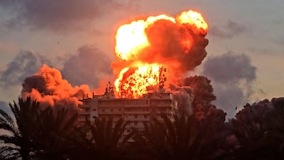 A fireball erupts from a building following an Israeli strike in Tyre, southern Lebanon, on Thursday. AFP