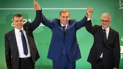 Morocco's prime minister-designate Aziz Akhannouch, Abdellatif Ouahbi and Nizar Baraka after Mr Akhannouch announced a coalition of RNI, PAM and Istiqlal. AFP