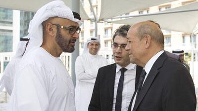 Sheikh Mohammed bin Zayed, Crown Prince of Abu Dhabi and Deputy Supreme Commander of the Armed Forces, welcomes the French defence minister, Jean-Yves Le Drian, in the capital yesterday. Wam