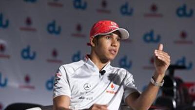 Lewis Hamilton speaks with reporters in Dubai yesterday.