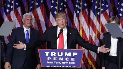 President-elect Donald Trump gives his acceptance speech during his election night rally, in New York. John Locher / AP