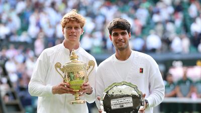 New Wimbledon champion Jannik Sinner alongside runner-up Carlos Alcaraz at the All England Club. Getty Images