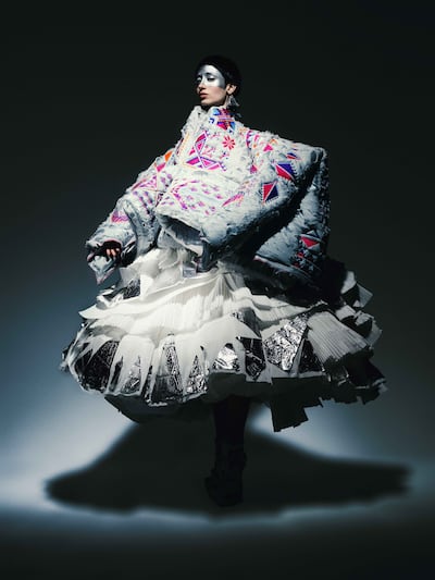 Models wore looks inspired by majdal silk and rubber bands alluding to slingshots used by Palestinian children against tanks. Photo: Ayham Hassan