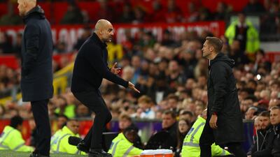 Manchester City manager Pep Guardiola remonstrates with the fourth official. Reuters
