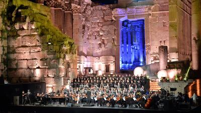 Lebanese Oud musician and singer Marcel Khalife (C) performs at the opening night of the annual Baalbeck International Festival (BIF) in Baalbeck, Beqaa Valley, Lebanon, 05 July 2019. The festival runs from 05 July to 03 August 2019. Photo: EPA