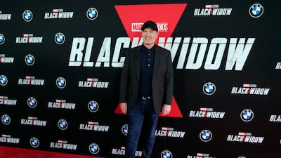 Kevin Feige, chief creative officer and president of Marvel Studios, poses before a fan screening of the new Marvel film 'Black Widow' at the El Capitan Theatre, Tuesday, June 29, 2021, in Los Angeles. AP