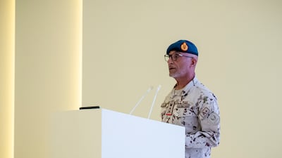 Staff Maj Gen Essa Al Mazrouei, Chief of Staff of the UAE Armed Forces, delivers a speech to the national session on the fourth anniversary of the Day of Solidarity at Qasr Al Watan