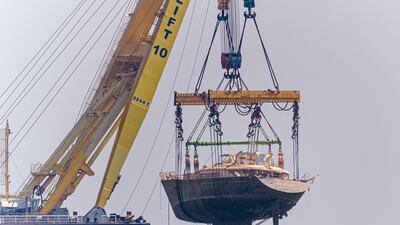 The hull of the superyacht Bayesian, which sank near Palermo, Sicily, on August 19, 2024, killing seven, is pulled from the sea off the village of Porticello. AP