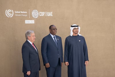 UAE President Sheikh Mohamed at Cop28 alongside UN Secretary General Antonio Guterres and Senegal's president at the time, Macky Sall. Photo: UAE Presidential Court