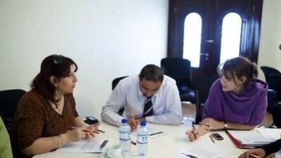 From left, Aida Karrouma, Ibrahim al Chuer and Ginetoh Collin work on an exercise during a course at Adicoe that measures and boosts mental toughness, incorporating a human-resource testing tool known as Prism.