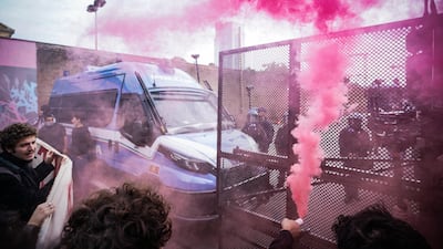 Protesters block a road ahead of the arrival of Amazon CEO Jeff Bezos and European Commission President Ursula von der Leyen for Italian Tech Week, in Turin. EPA
