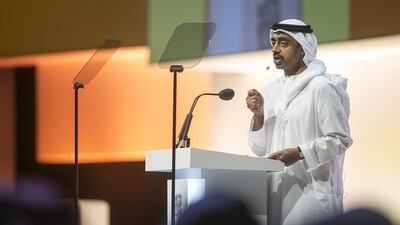 Sheikh Abdullah bin Zayed, Minister for Foreign Affairs and International Cooperation, speaks at the Mohammed bin Zayed Majlis for Future Generations. Mona Al Marzooqi / The National