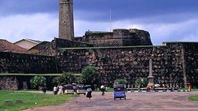 The old Fort walls and British ClockTower of Galle, originally built by the Portuguese with a moat, the fort was subsantially enlarged by the Dutch in 1667