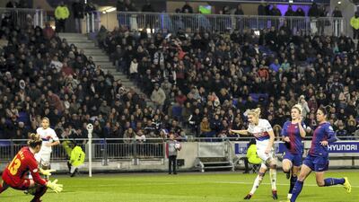 LYON, FRANCE - MARCH 22: (L-R) Sandra Panos Garcia Villamil of FC Barcelona Women, Ada Hegerberg of Olympique Lyon Women, Maria Pilar Leon of FC Barcelona Women, Marta Torrejon Moya of FC Barcelona Women during the match between Olympique Lyon Women v FC Barcelona Women at the Parc Olympique Lyonnais on March 22, 2018 in Lyon France (Photo by Erwin Spek/Soccrates/Getty Images)