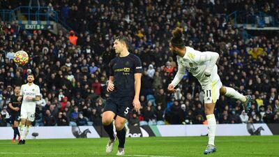 Leeds United's Tyler Roberts heads at goal. Reuters
