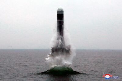 A photo provided by the North Korean government shows an underwater-launched missile lifting off in the waters off North Korea's eastern coastal town of Wonsan. Korean Central News Agency/ Korea News Service via AP, File