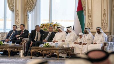 Sheikh Mohamed bin Zayed, Crown Prince of Abu Dhabi and Deputy Supreme Commander of the UAE Armed Forces (fifth right), receives Hartwig Loger, Austria's Minister of Finance during a Sea Palace barza. Seen with Sheikh Nahyan Bin Zayed, Chairman of the Board of Trustees of Zayed bin Sultan Al Nahyan Charitable and Humanitarian Foundation (right), Sheikh Tahnoon bin Mohammed, Ruler's Representative in Al Ain (second right), Sheikh Tahnoon bin Mohammed (third right) and Dr Sultan Ahmed Al Jaber, UAE Minister of State, Chairman of Masdar and CEO of Adnoc Group (fourth right). Courtesy of Crown Prince Court - Abu Dhabi