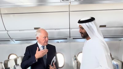 Emirates airline president Sir Tim Clark on board with Abdulla bin Touq, Minister of Economy. Janelle Meager / The National