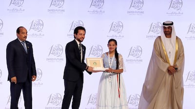 Winner Centro Educativo Mbaracayu (The Americas) at the Zayed Future Energy Prize awards ceremony as part of Abu Dhabi Sustainability Week. Chris Whiteoak / The National