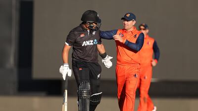 Stephen Myburgh of the Netherlands congratulates Ross Taylor as he leaves the field. Getty