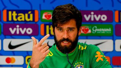 Brazil goalkeper Alisson speaks during a press conference after a training session at Beira-Rio Stadium in Porto Alegre, AFP