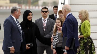 US Vice President Joe Biden and his wife Jill Biden are welcomed by Reem Al Hashimi, Minister of State and Managing Director for the Dubai World Expo 2020 Bid Committee. EPA