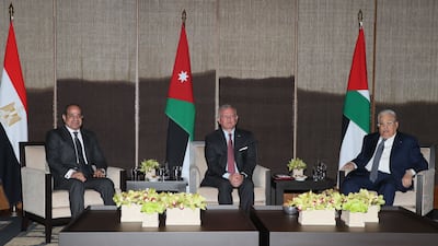 Egyptian President Abdel Fattah al-Sisi, Jordan's King Abdullah II and Palestinian president Mahmud Abbas meeting in Aqaba. AFP