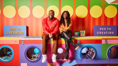 Designer Yinka Ilori, left, with Alero Akuya, Lego's vice president of global brand development, inside the Launderette of Dreams