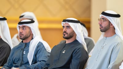 Sheikh Shakhboot bin Nahyan, Minister of State, Sheikh Zayed bin Mohamed and Sheikh Nahyan bin Saif attend the national session to mark the fourth anniversary of the Day of Solidarity at Qasr Al Watan