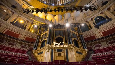 A 150 anniversary sign is seen inside the Royal Albert Hall in London on July 15, 2021
