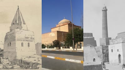 Among the cherished heritage sites in Iraq destroyed by ISIS were, from left, Imam Awn Al Din, the Green Mosque and Al Nuri Mosque. Photo: Metropolitan Museum of Art; Wikimedia Commons; Library of Congress