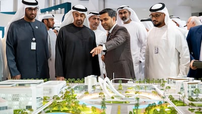Sheikh Mohamed with Dr Sultan Al Jaber, Minister of Industry and Advanced Technology, left, and Shamsheer Vayalil, founder and managing director of Burjeel Holdings