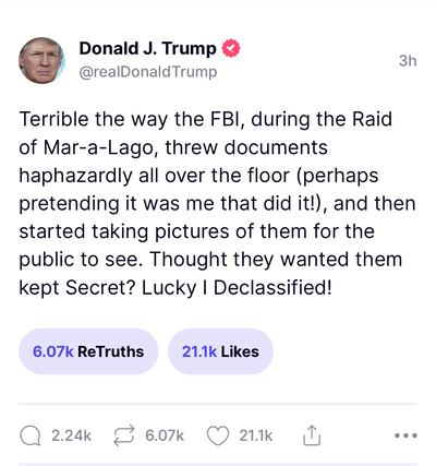 Former US president Donald Trump responds to a Department of Justice court filing through his Truth Social media platform. Photo: Truth Social