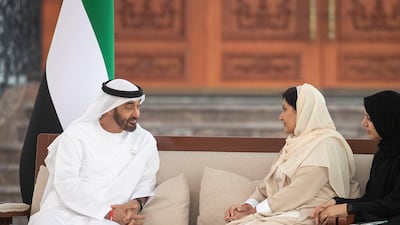 Sheikh Mohamed bin Zayed, Crown Prince of Abu Dhabi and Deputy Supreme Commander of the UAE Armed Forces, meets with Princess Reema Bint Bandar and Reem Ibrahim Al Hashimi, UAE Minister of State for International Cooperation, during a Sea Palace barza in Abu Dhabi. Ministry of Presidential Affairs