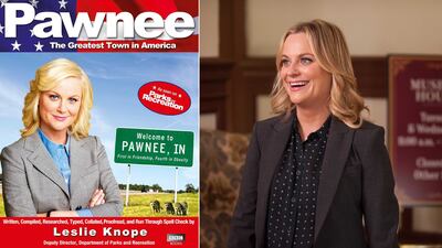Leslie Knope, played by Amy Poehler, wrote a book about Pawnee, a fictional town where Parks and Recreation is set. Photos: BBC Books; NBC
